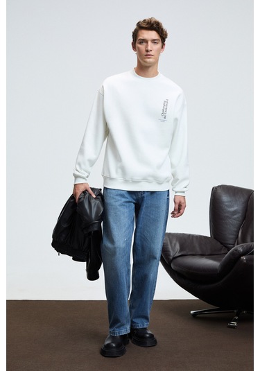 ALDEN Erkek Yuvarlak Yaka Göğsü Ve Sırtı Baskılı Relaxed Fit Beyaz Sweatshirt