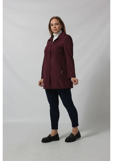 1616 Fermuarlı Cep Detaylı Kapuşonlu Bondit Ceket Mürdüm