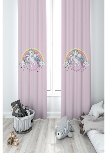 Mekta Home Bebek Ve Çocuk Odası Gökuşağı Ve Unicorn Desenli Pembe 2 Kanat Fon Perde