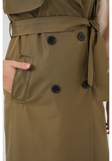 5911 Kruvaze Yaka Trençkot Yelek - Haki haki