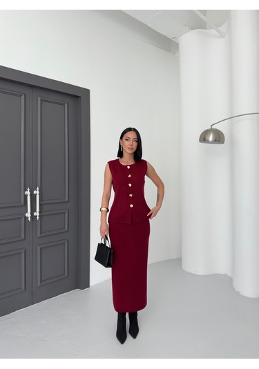 Kadın Düğme Detaylı Yelek Uzun Etek Alt Üst Triko Takım Bordo