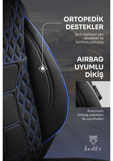 Siyah - Mavi Buttı Speedy Serisi Premium Oto Koltuk Kılıfı Ortopedik Destekli, Ön Arka Tam Set, Aırbag Uyumlu