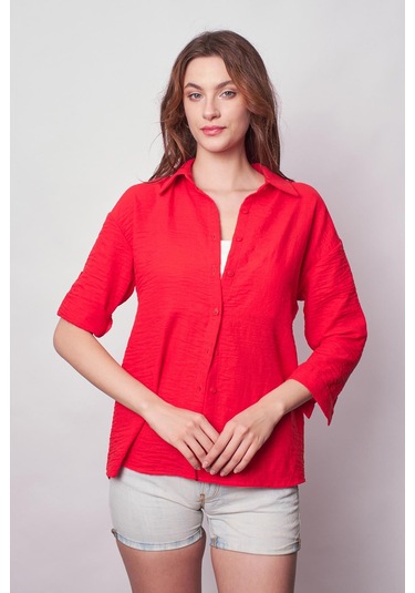 Kadın Keten Düşük Omuzlu Yakalı Kapri Kol Apoletli Gömlek -Koyu Mercan K.Mercan