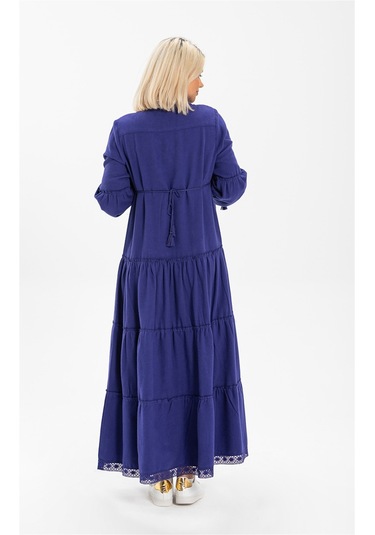 Uzun Kol Seçil Pazen Uzun Elbise Saks Sks Saks Mavisi