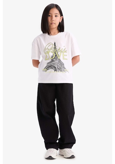 DeFacto Kız Çocuk Relax Fit Bisiklet Yaka Baskılı Kısa Kollu Tişört E0353A825SMWT34 Beyaz