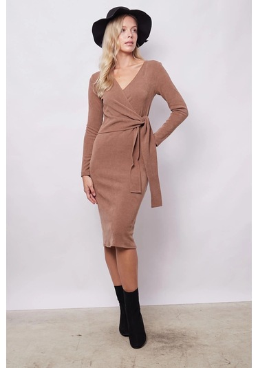 Kadın Hafif Likralı Triko Kruvaze Anvelop Bağcıklı Uzun Kol Diz Altı Uzun Elbise-camel Camel
