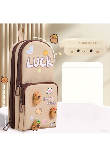 Mufunye Büyük Kapasiteli Capibara Kalem Kutusu - Sevimli 3 Bölmeli Kırtasiye Düzenleyici, Haki Capibara Haki