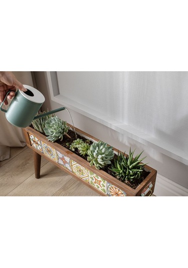 Halohope El Yapımı Ayaklı 6 Çinili Dekoratif Modern Ahşap Dikdörtgen Bahçe Balkon Saksı Saksılık Çiçeklik