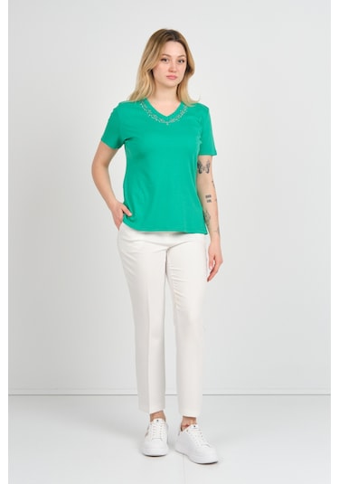 Ella Camelia Kadın Yakası Taş Ve Süs İşlemeli Kısa Kollu Pamuklu Bluz 24e002 Yeşil Yeşil