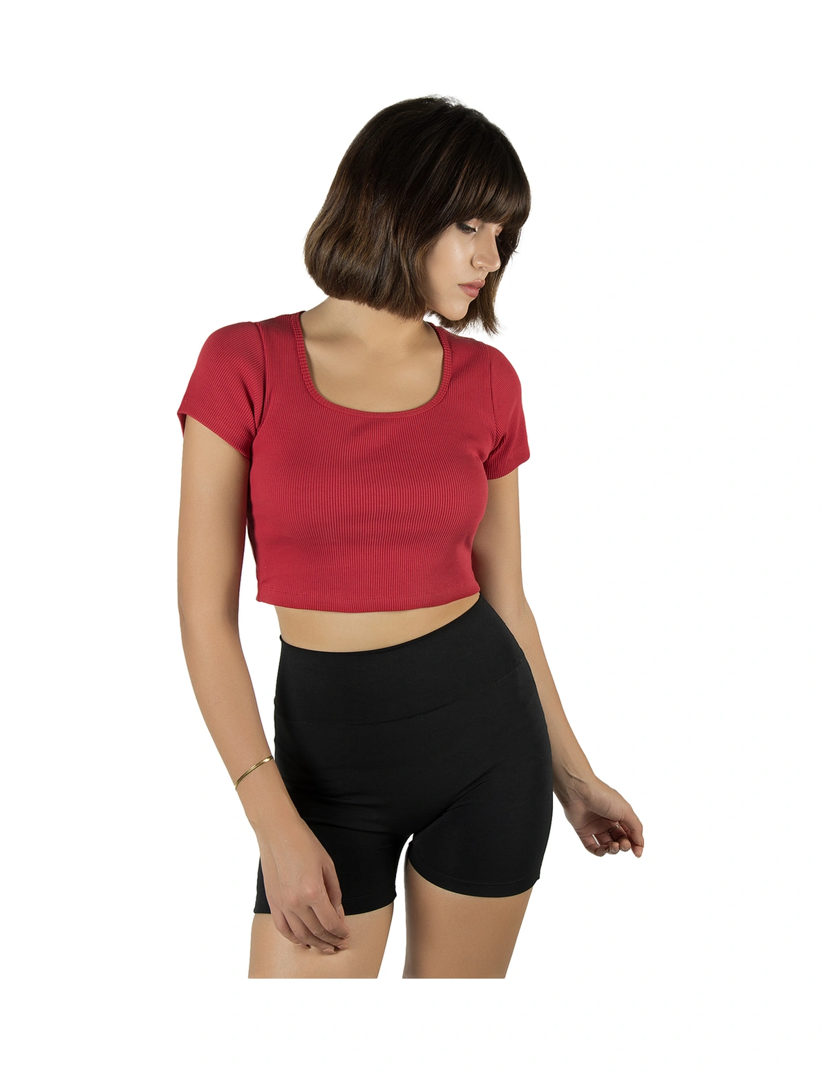 Kırmızı Havuz Yaka Fitted/vücuda Oturan Kısa Kol Crop Tişört Kırmızı