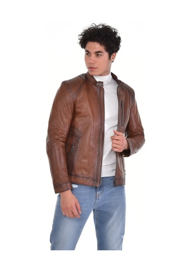 Hakiki Deri Kahverengi Oscar Hakim Yaka Erkek Deri Ceket Kahverengi