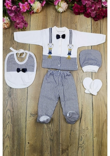 Bombinoo Lacivert Papyonlu Ayıcıklı 5 Parça Lüks Erkek Askı Detaylı Hastane Çıkışı Zıbın Set Lacivert