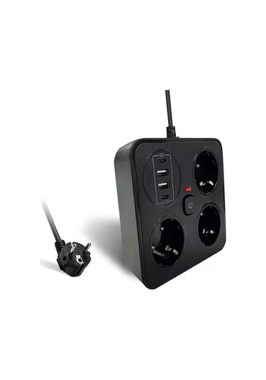 Akım Korumalı Anahtarlı Priz - 3x Priz - 2x Usb - 2x Type-c - 2 Mt Kablo Hızlı Şarj Özellikli Siyah 1