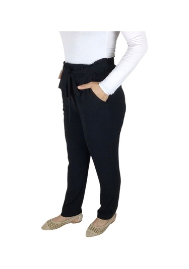 Kadın Beli Lastikli Kuşaklı Cepli Dar Paça Ayrobin Pantolon Siyah