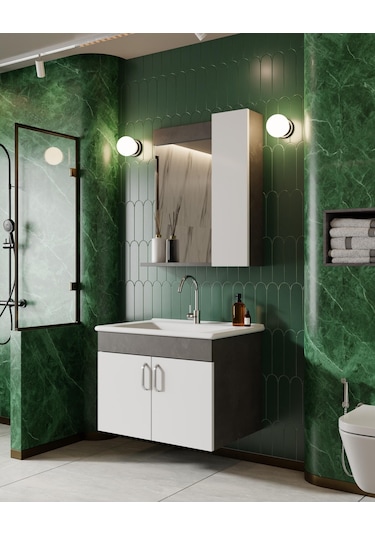 Karen Banyo Gümüş 65 Cm Lavabolu Banyo Dolabı Retro Gümüş-beyaz Lavabo Dahil Gümüş