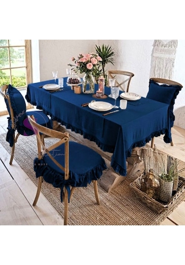 Lacivert Renk El Yapımı Buldan Yıkanmıs Keten 4 Tarafı Fırfırlı Sandalye Minderi Lacivert