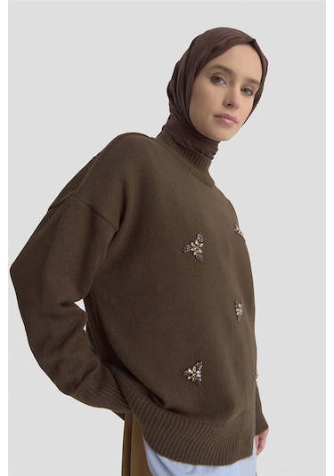 Armine Nakışlı Oversize Kazak 25kd6015 Acı Kahve Acı Kahve