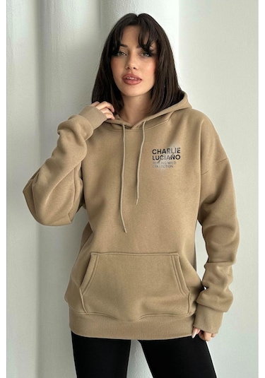 Kadın Vizon Charlie Luciano Baskılı Oversize Kapüşonlu Sweatshirt M