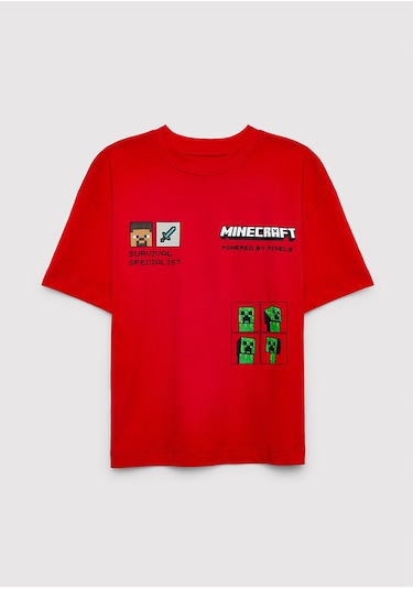 Mavi - Minecraft Baskılı Kırmızı Tişört 6610478-70478