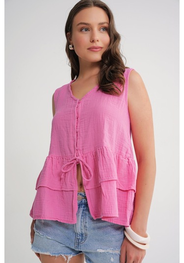 4722 Kadın V Yaka Fırfırlı Müslin Bluz Pembe Pembe