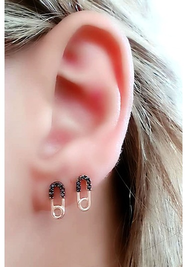 Oniks Taşlı 925 Ayar Gümüş Rose Çengelli Iğne Şans Küpesi