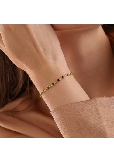 Queen Silver Jewelry 925 Ayar Gümüş Yeşil Renk Geçişli Zirkon Taşlı Tamtur Bileklik Altın