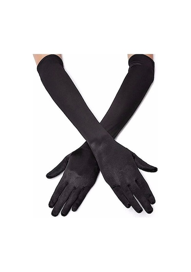 Siyah Renk Likralı Dirseğe Kadar Uzun Kumaş Eldiven 40 Cm