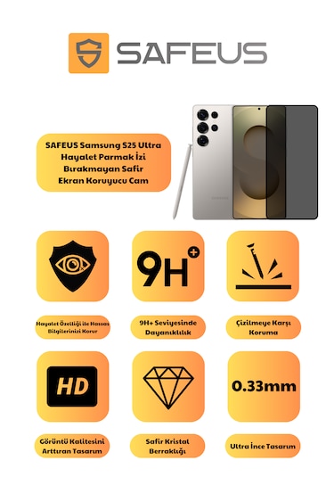 Safeus Tam Kaplayan Hayalet Parmak İzi Bırakmayan Safir Ekran Koruyucu Cam , Samsung S25 Ultra İle Uyumlu