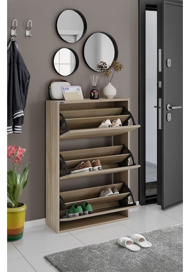 Ceha 3'lü Düşer Kapaklı Ahşap Ayakkabılık - Egger Meşe A.AYK-3/MEŞE