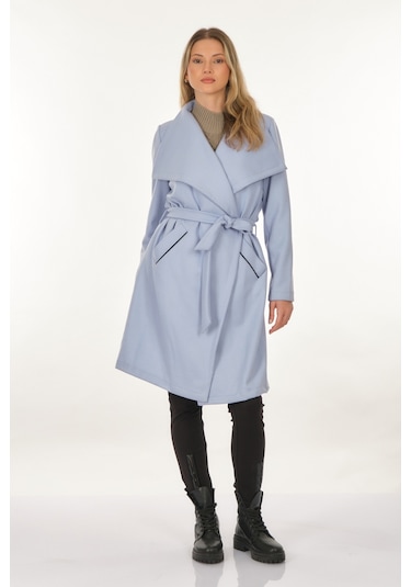 Tdee Concept Kruvaze Yaka Bağlama Detaylı Mavi Kadın Kaban 22295004 001