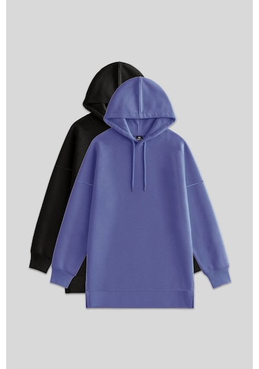 Oversize Kapüşonlu 2li Paket Siyah-eflatun Kadın Tunik Sweatshirt - 97242 Siyah - Mor