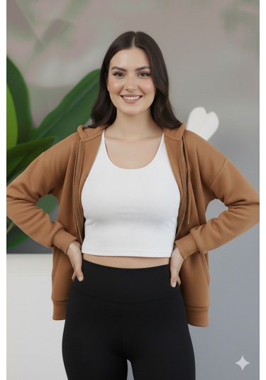 Kadın Genç Unisex Cepli Kapüşonlu Fermuarlı Sweatshirt Hırka Açık Kahve