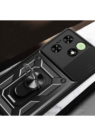 Teknodur Tecno Spark 20c Kılıf Magnetik Standlı Kamera Korumalı Sürgülü Vega Kapak - Siyah