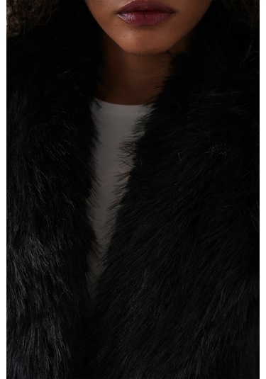 Kadın Kemerli Oversize Kürklü Kaban 9156 - Siyah Siyah
