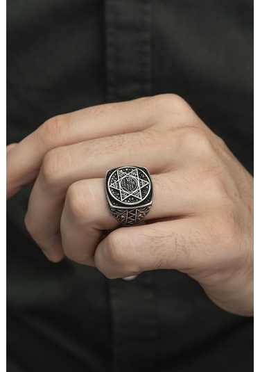 Süleyman Mührü Desenli Mikro Taşlı 925 Gümüş Erkek Yüzük