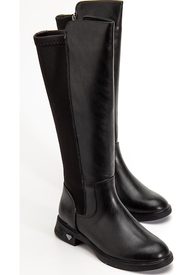 Siyah Kadın Çizme Düz Taban Streç Fermuarlı-4331 Siyah