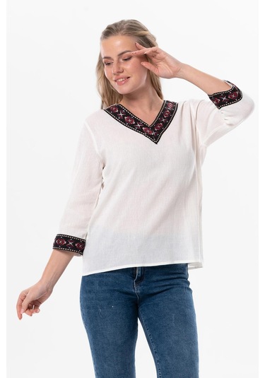 Truvakar Kol V Yaka Nakışlı Talya Şile Bezi Yazlık Bluz Krem Krm-krem