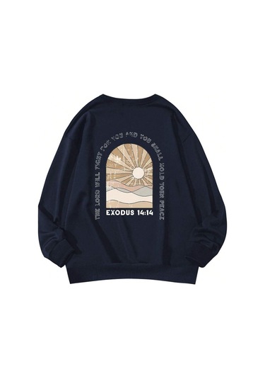 Exodus 14:14 Kışlık Kalın Sweatshirt - Lacivert Baskılı Oversize Kalın Kışlık Bisiklet Yaka Lacivert