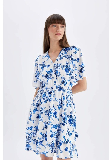 DeFacto Wrap Yaka Çiçek Desenli Maroken Yarım Kollu Mini Elbise C7223AX24SMBE303