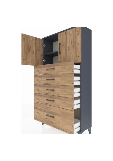 Arges Dolap 2 Raflı 5 Çekmeceli 2 Kapaklı 88x30x163 Antrasit-çam Antrasit
