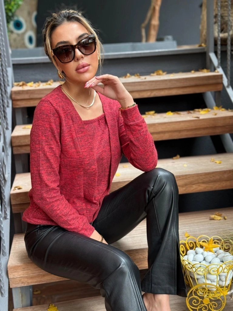 S-pazarım Kadın Uzun Kollu Kruvaze Yaka Kol Ve Etek Ucu Manşet Detay Yumoş Bluz Kırmızı