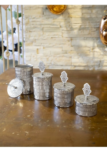 Bakır 4 'Lü Tırtıklı Baharat Takımı Gümüş