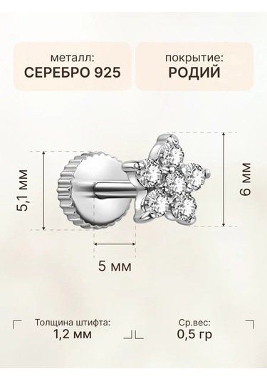 Zoloto Russkih 925 Ayar Gümüş Sünger Taşlı Helix Labret Küpe Piercingi 156113793 Gri