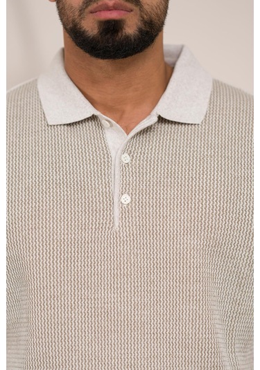 Woolen World Polo Yaka Armürlü Yünlü Erkek Triko Kazak Krem