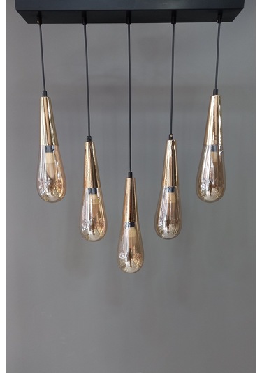 Gold Füme Cam 5 Li Sıralı Avize Gold