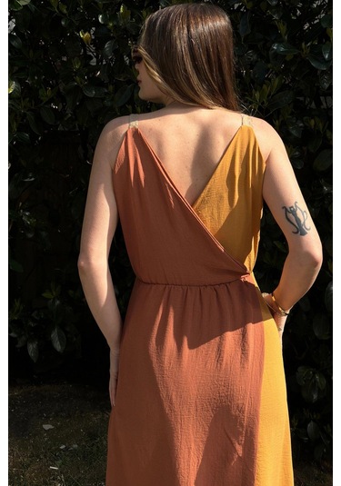 Kadın Hardal & Turuncu Color Block Kruvaze, Hasır Askı Detaylı, Yırtmaçlı, Uzun Airobin Elbise Hardal