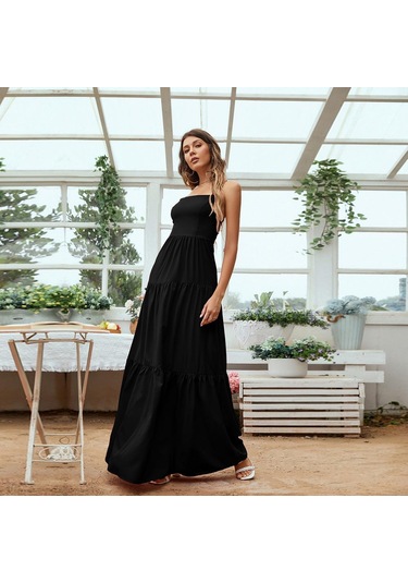 Hnxc Kadın Moda Yaz Bahar Düz Renk Baskı Kolsuz Kare Yaka Günlük Elbiseler Siyah