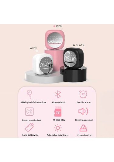 Kangvka Pink Bluetooth Hoparlör - Led Ayna, İki Alarm, Tf Kart Oynatma, Sesli Ödeme Bildirimi, Ayarlanabilir Parlaklık