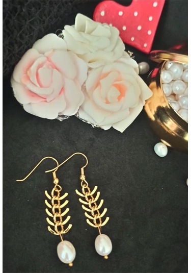 24k Altın Kaplama 10mm Gerçek İnci Zincir Detaylı Tasarım Küpe Be Gold