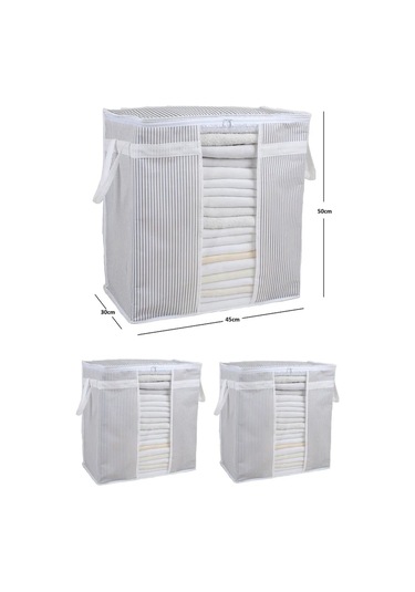 Pencereli Saklama Çantası Çizgili Çok Amaçlı 50x45x30 Cm Gri-beyaz